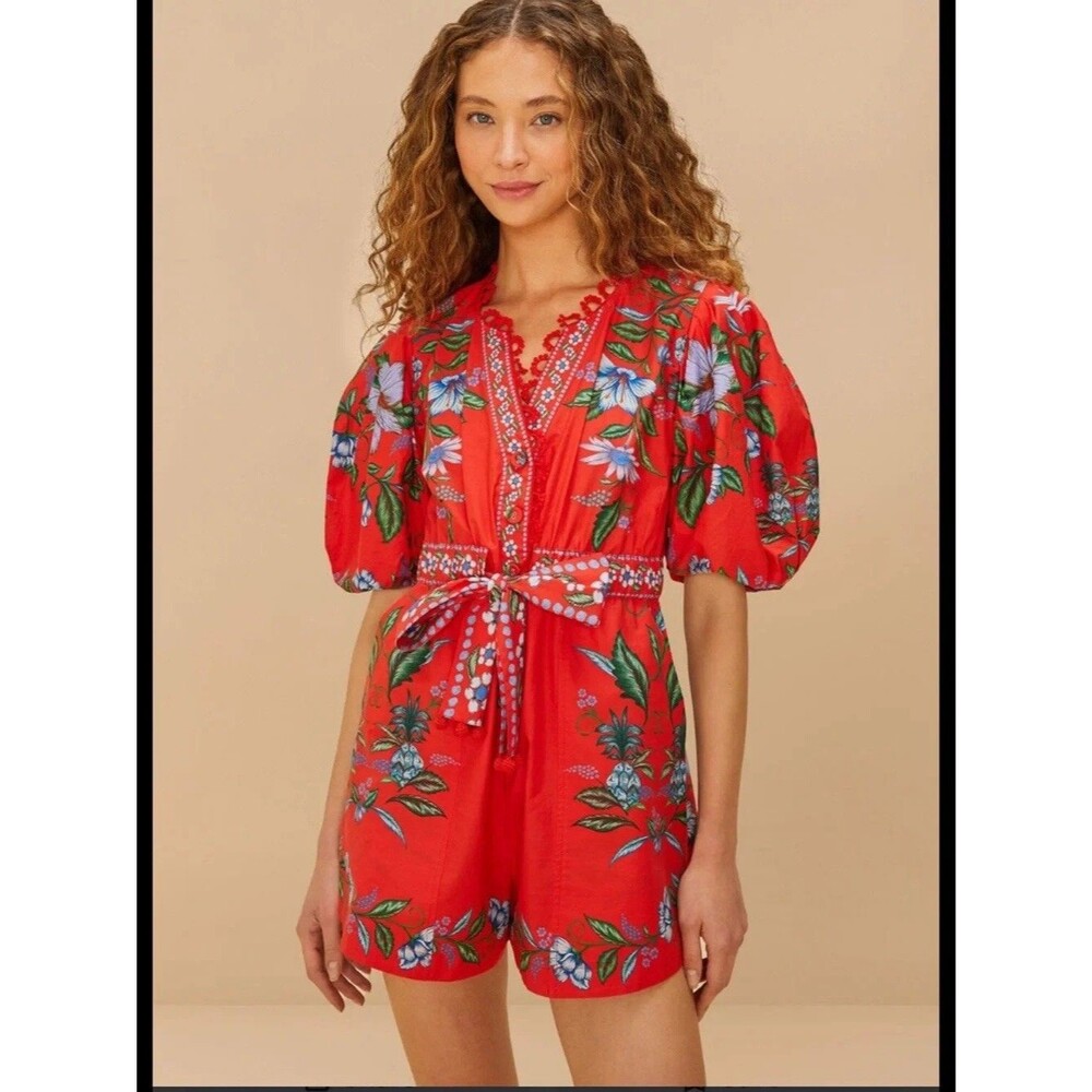 Farm Rio x Anthropologie Sweet Bloom Bouquet Red Floral Romper Size